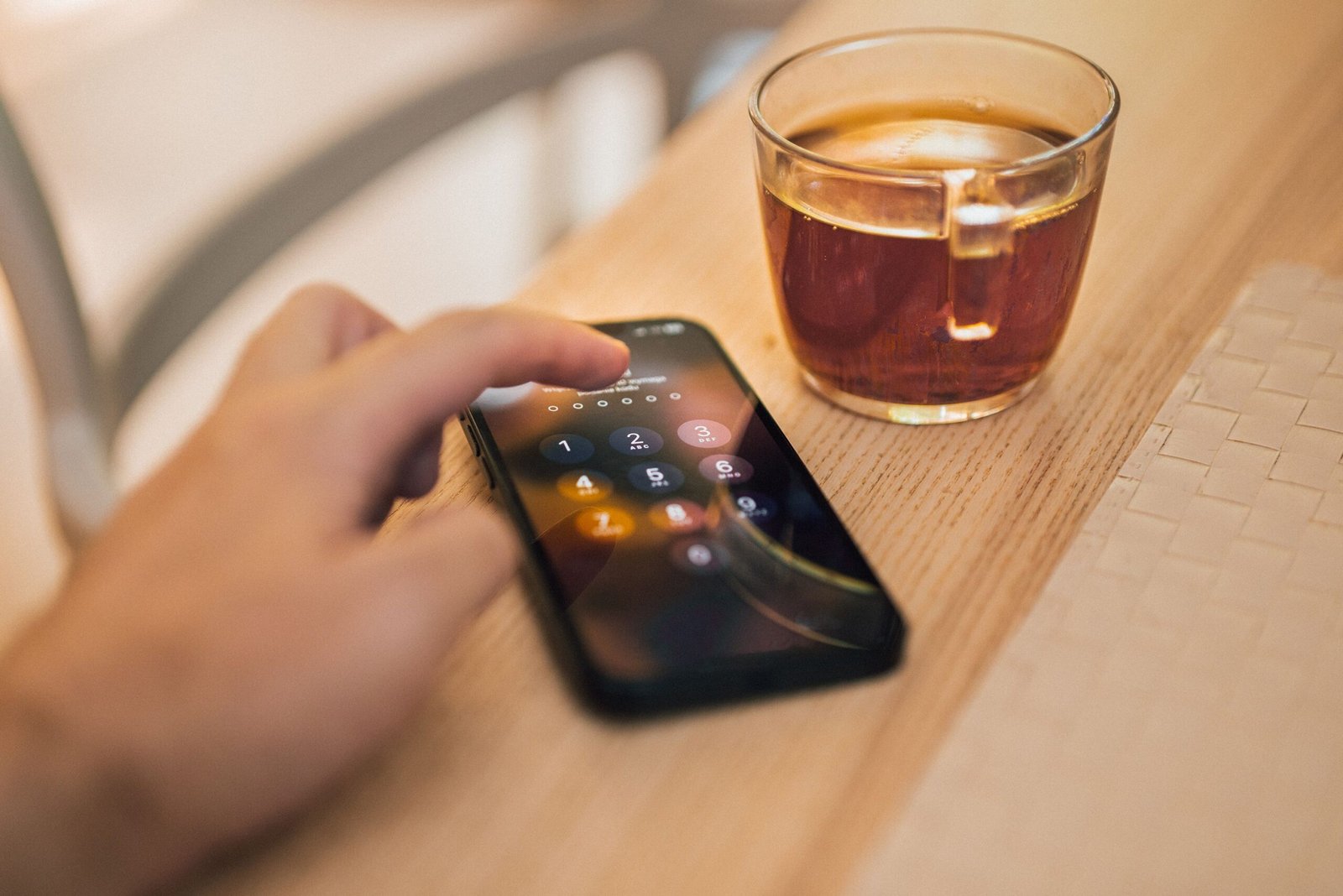 Phone on a table next to a cup of tea.